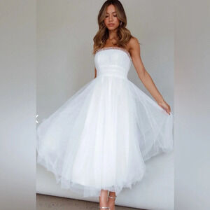 FAYETTE STRAPLESS MESH MIDI DRESS WHITE